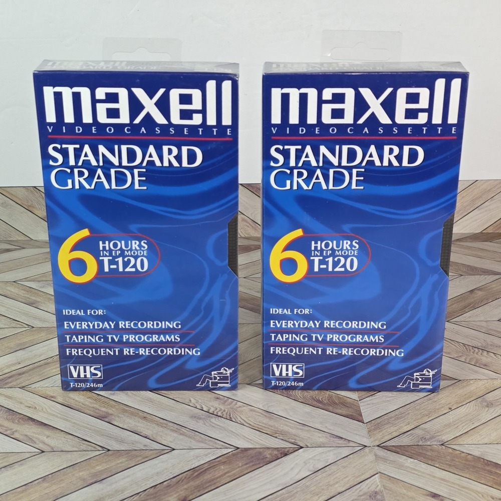 New Maxell Standard Grade Blank VHS T-120 6 Hour VCR Video Tapes Set of 2